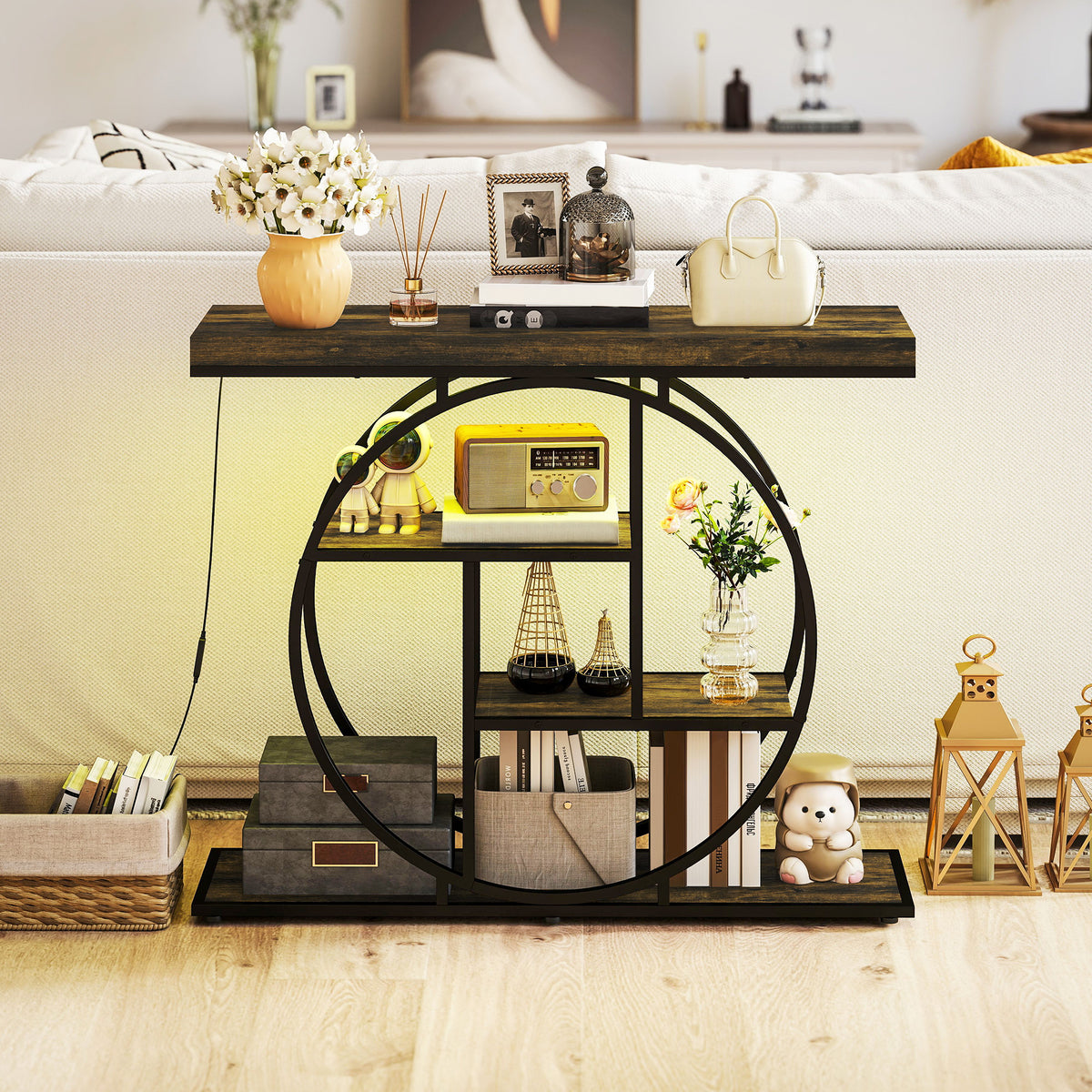 Console meuble avec éclairage LED 100 cm, table console à 4 niveaux avec étagères ouvertes, marron rustique et noir