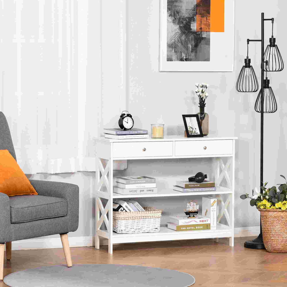 Table de console table d'entrée style table de drapier néo-rétro 2 tiroirs 2 étagères dim. 100L x 30,5l x 80H cm en bois blanc