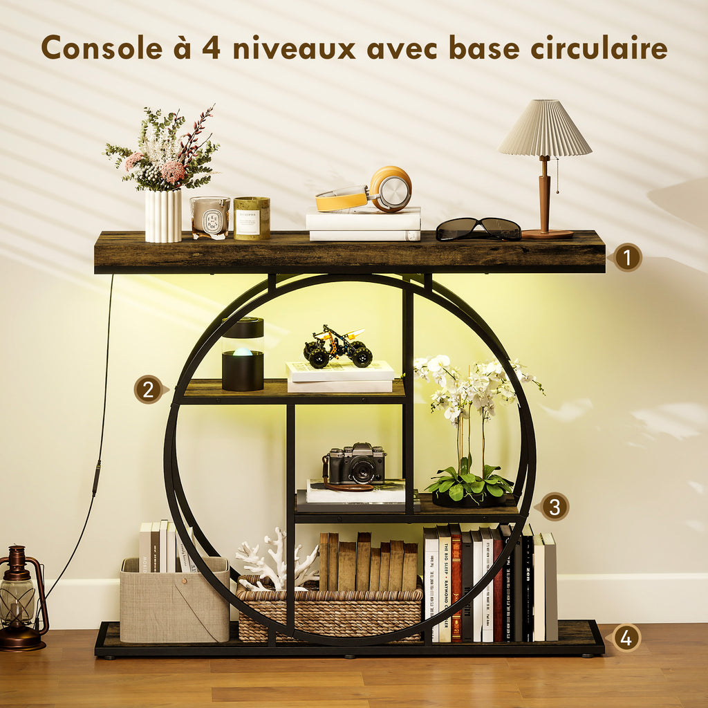 Console meuble avec éclairage LED 100 cm, table console à 4 niveaux avec étagères ouvertes, marron rustique et noir