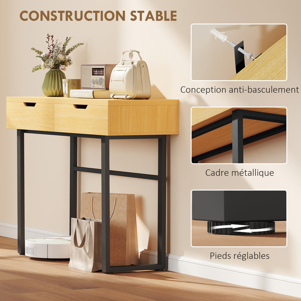 Console meuble 110 cm, table console étroite avec 2 tiroirs, cadre en métal et design sans poignées, bois naturel