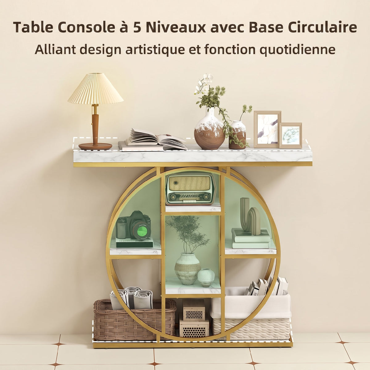 Table Console d'Entrée Meuble d'Entrée Industrielle 6 Étagères Rangement Plateau 4cm 100 x 30 x 81,5cm Blanc