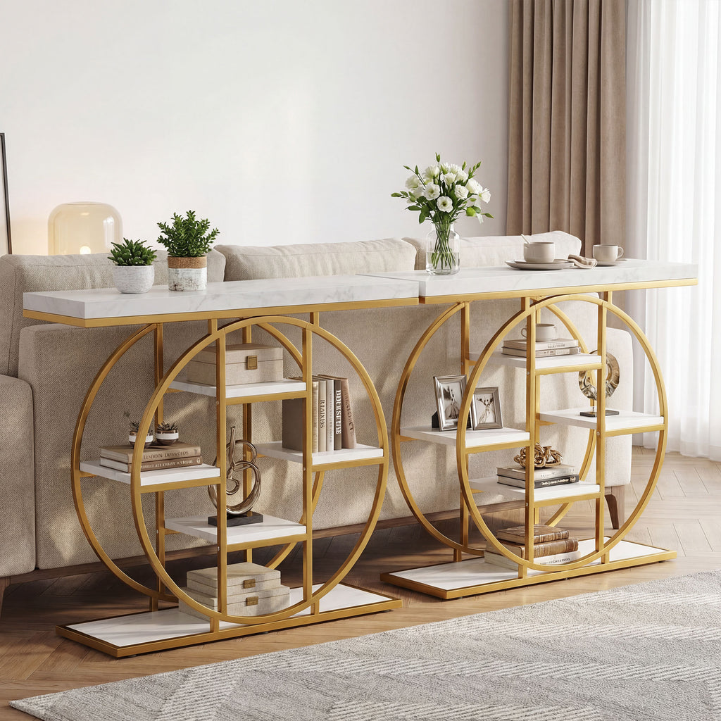 Table Console d'Entrée Meuble d'Entrée Industrielle 6 Étagères Rangement Plateau 4cm 100 x 30 x 81,5cm Blanc