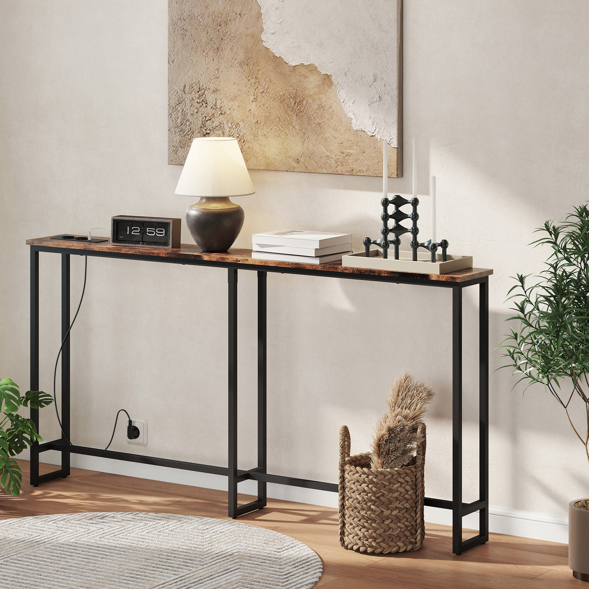 Table console étroite style industriel avec prises de courant et USB, pour salon entrée couloir, 160x20x80cm, marron