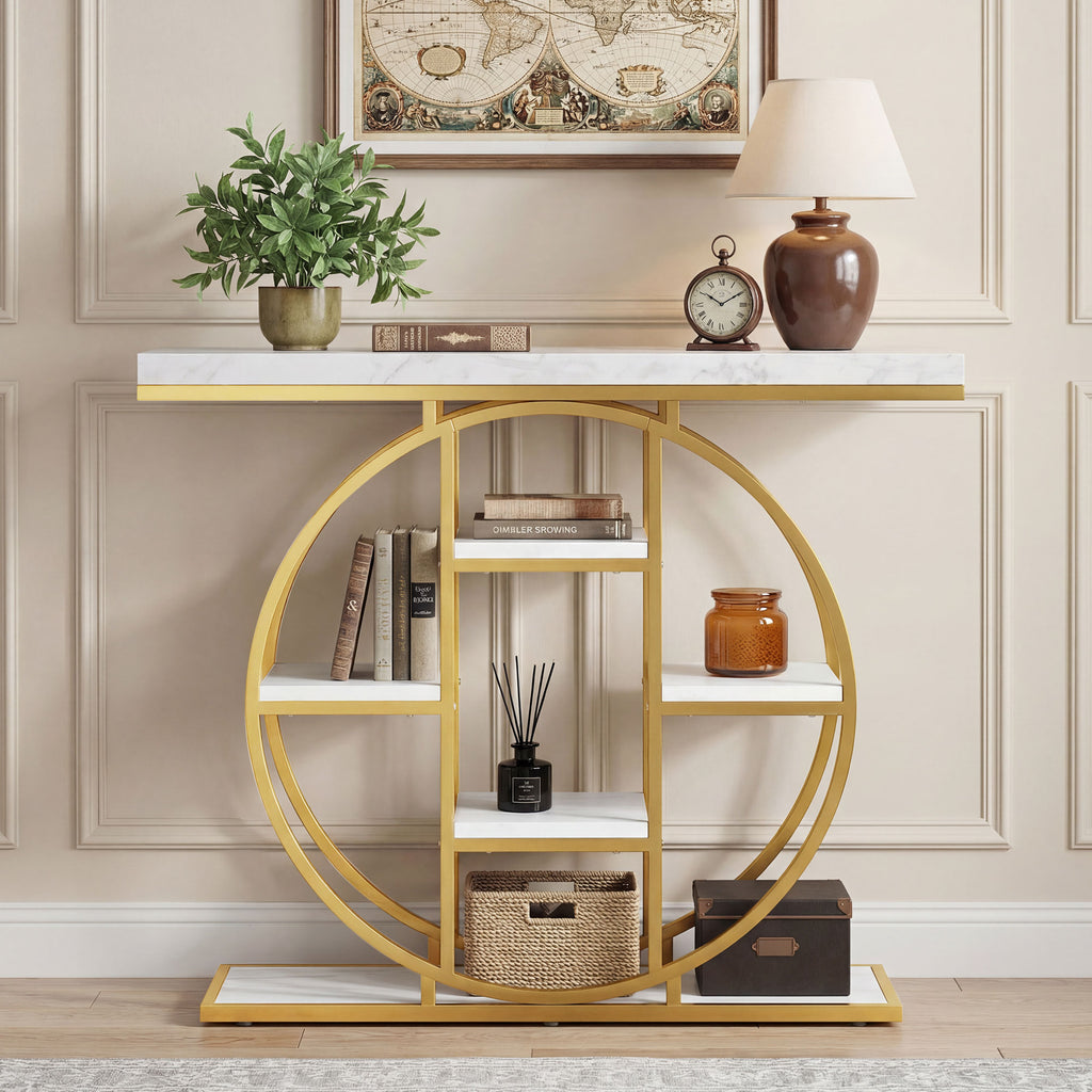 Table Console d'Entrée Meuble d'Entrée Industrielle 6 Étagères Rangement Plateau 4cm 100 x 30 x 81,5cm Blanc