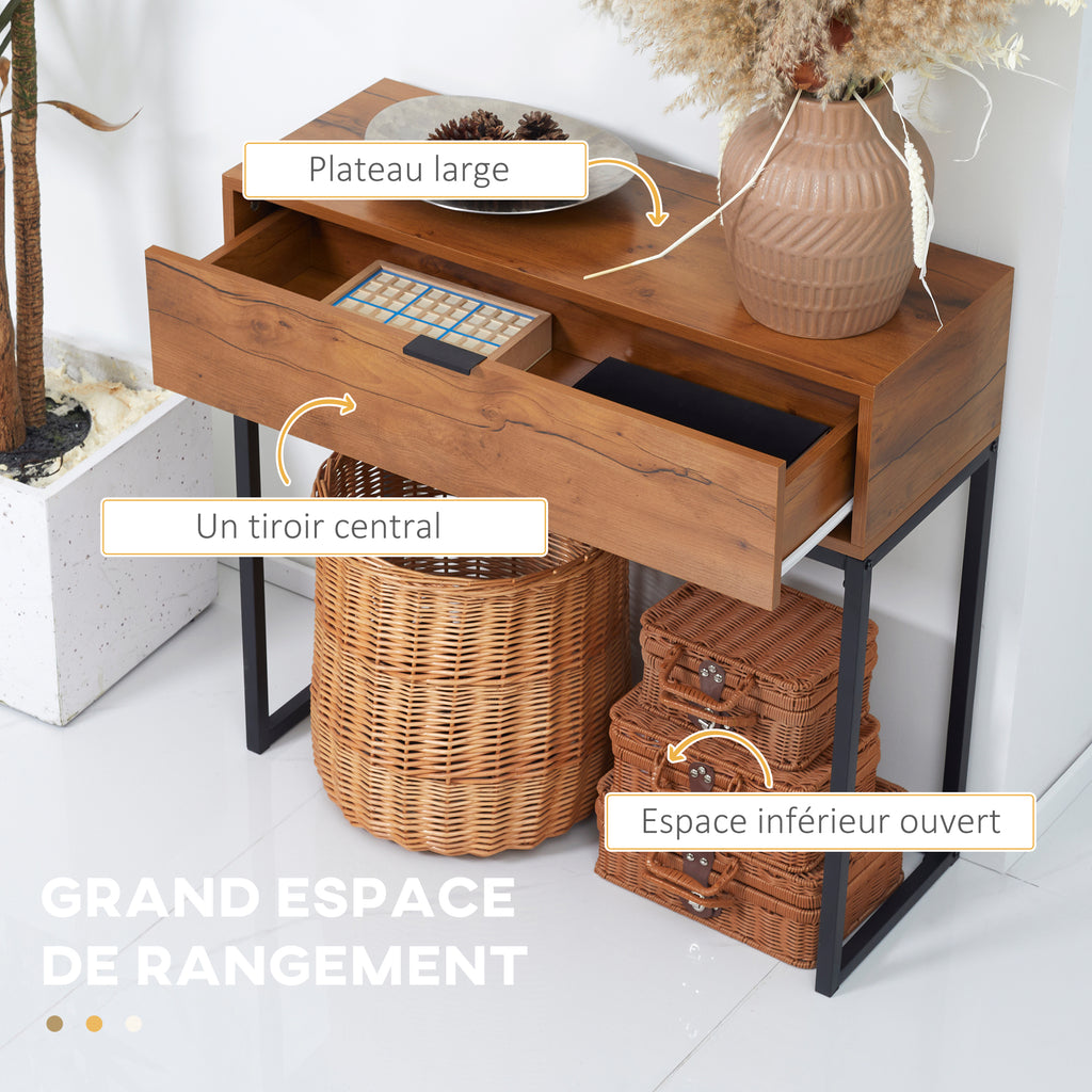Console meuble, table console avec tiroir et pieds en acier, pour salon, entrée, couloir, 80 x 30 x 76 cm, marron