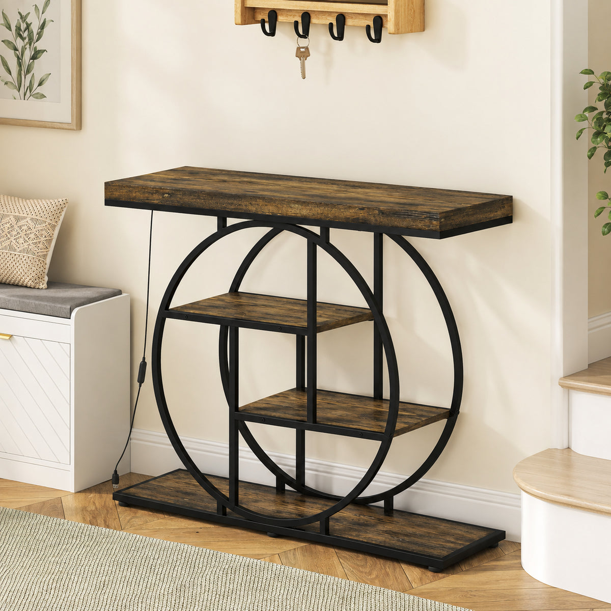 Console meuble avec éclairage LED 100 cm, table console à 4 niveaux avec étagères ouvertes, marron rustique et noir