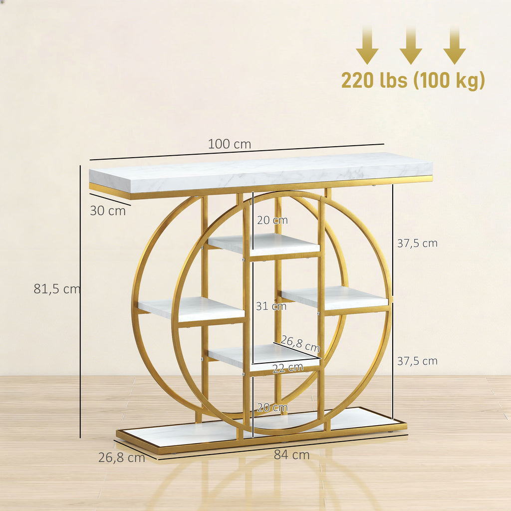Table Console d'Entrée Meuble d'Entrée Industrielle 6 Étagères Rangement Plateau 4cm 100 x 30 x 81,5cm Blanc