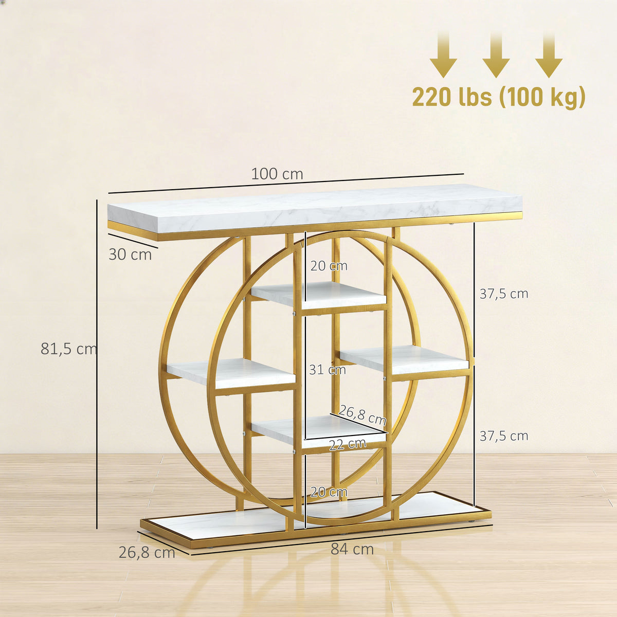 Table Console d'Entrée Meuble d'Entrée Industrielle 6 Étagères Rangement Plateau 4cm 100 x 30 x 81,5cm Blanc