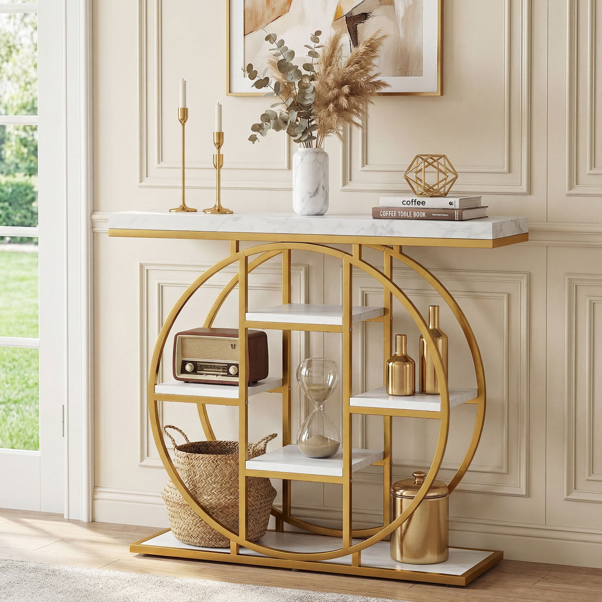 Table Console d'Entrée Meuble d'Entrée Industrielle 6 Étagères Rangement Plateau 4cm 100 x 30 x 81,5cm Blanc