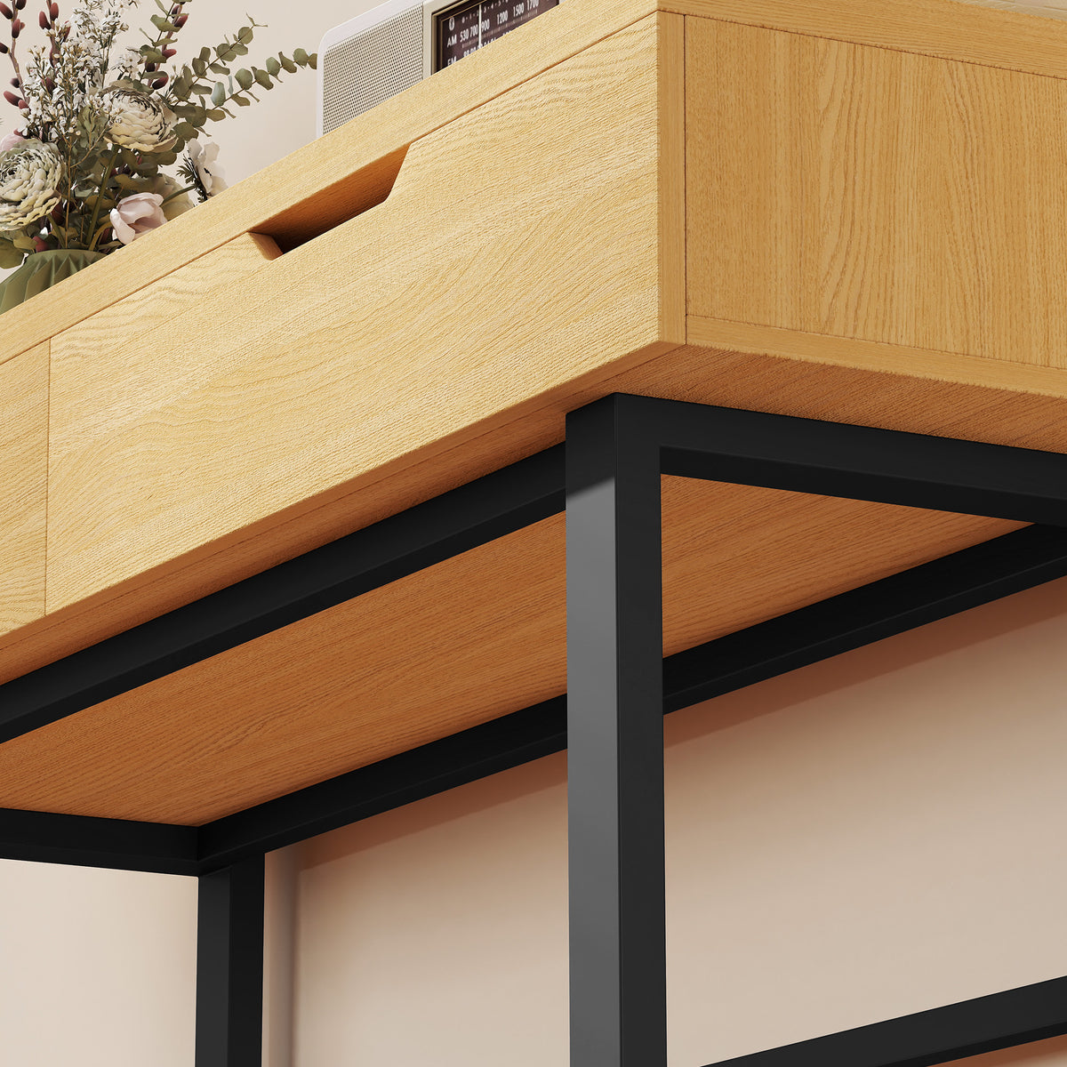 Console meuble 110 cm, table console étroite avec 2 tiroirs, cadre en métal et design sans poignées, bois naturel