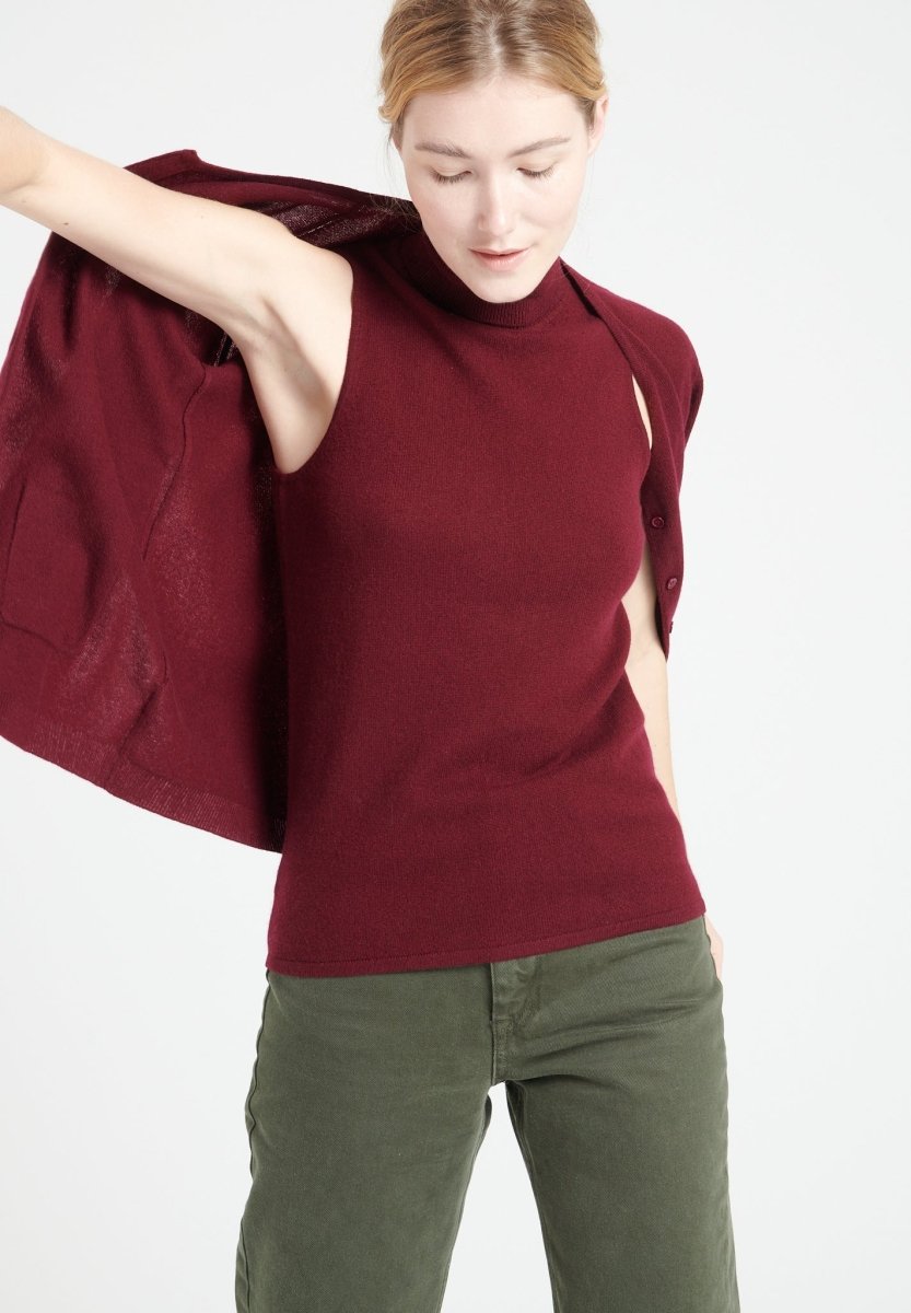 Pull col roulé sans manches cachemire rouge bordeaux femme - LILLY 13