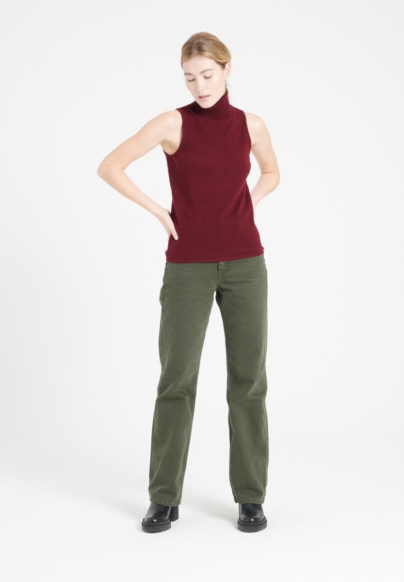 Pull col roulé sans manches cachemire rouge bordeaux femme - LILLY 13