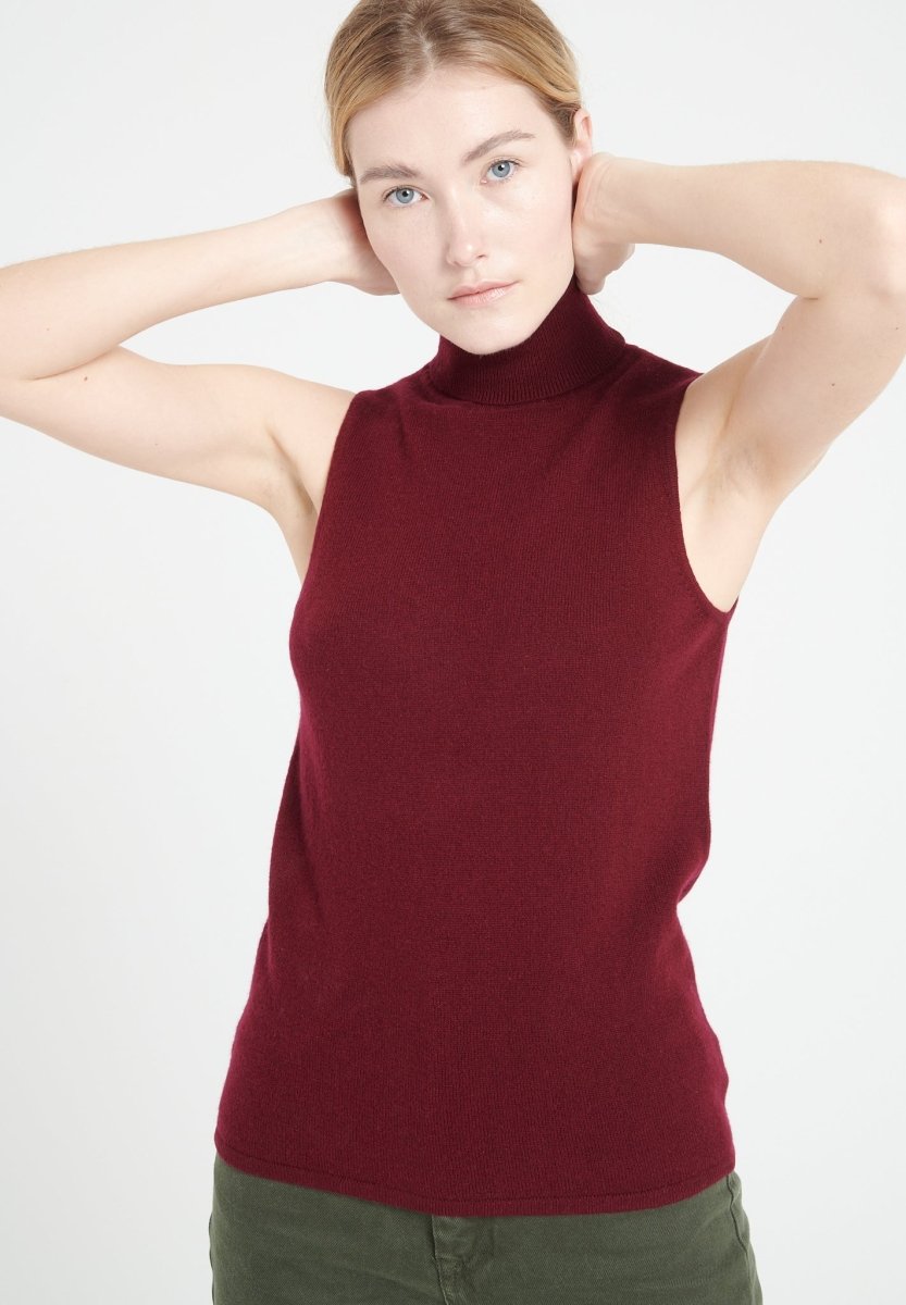 Pull col roulé sans manches cachemire rouge bordeaux femme - LILLY 13