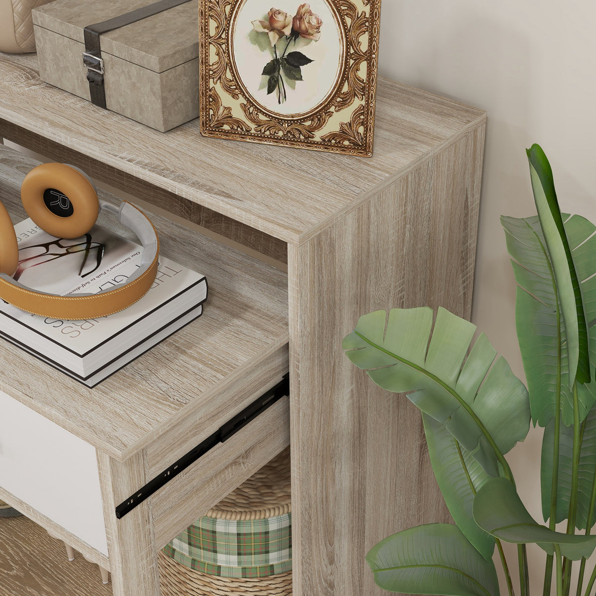 Table console avec plateau coulissant et 2 tiroirs, table de couloir avec rangement, 95l x 35P x 87H cm, aspect chêne