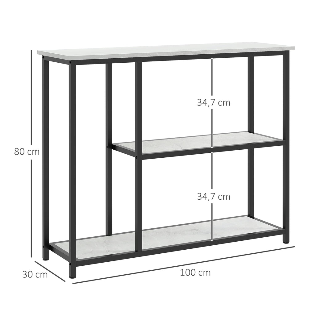 Console meuble 100 cm, table console 3 niveaux, plateaux en effet marbre, cadre en acier, blanc